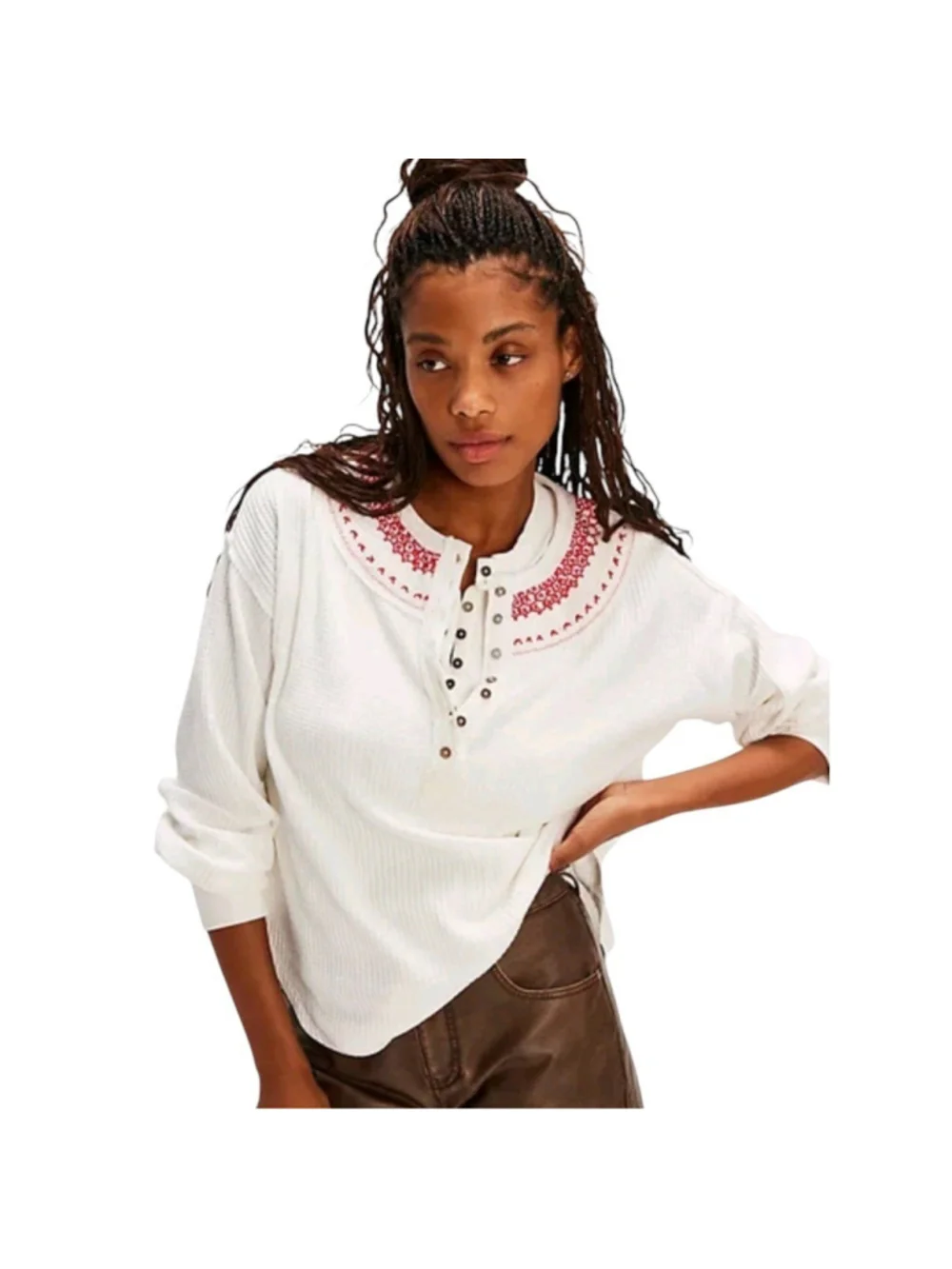 Free People Thermal Embroidered Oversized Holly Henley Top Sz XS